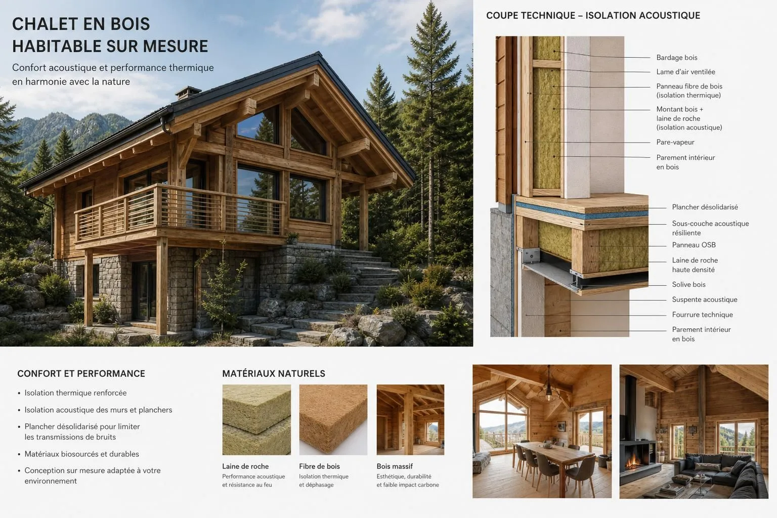 découvrez nos chalets en bois sur mesure alliant confort acoustique et performances énergétiques pour un habitat naturel et personnalisé.