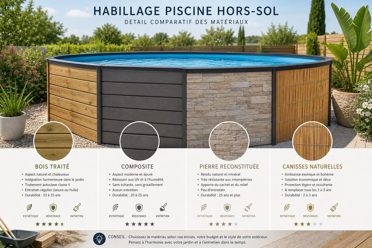 découvrez nos conseils pratiques pour réussir l'habillage de votre piscine hors-sol et lui apporter esthétique et durabilité.